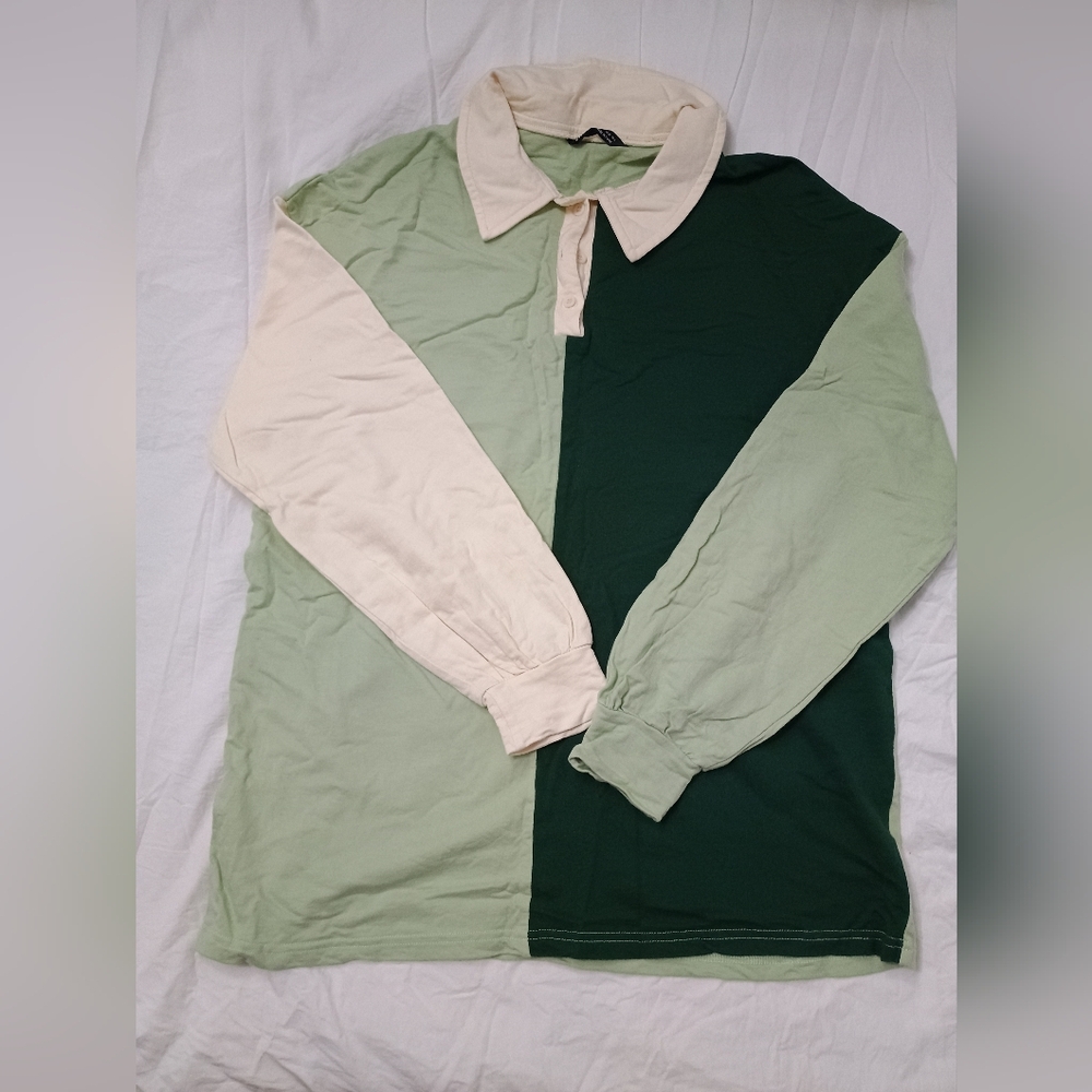 Colorblock Rugby Shirt in Dark Green, Sage & Cream